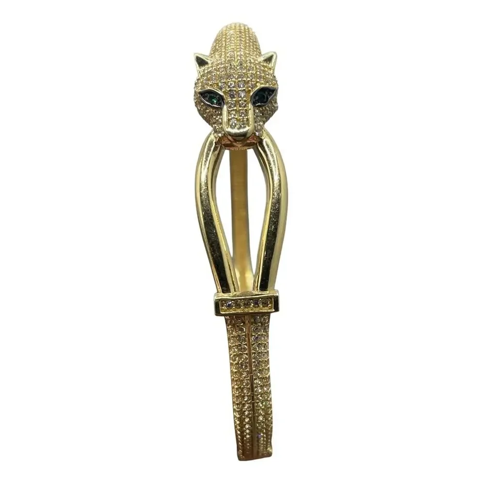 14K Yellow Gold Panther W/ Green Eyes Bangle Style Bracelet (22065)
